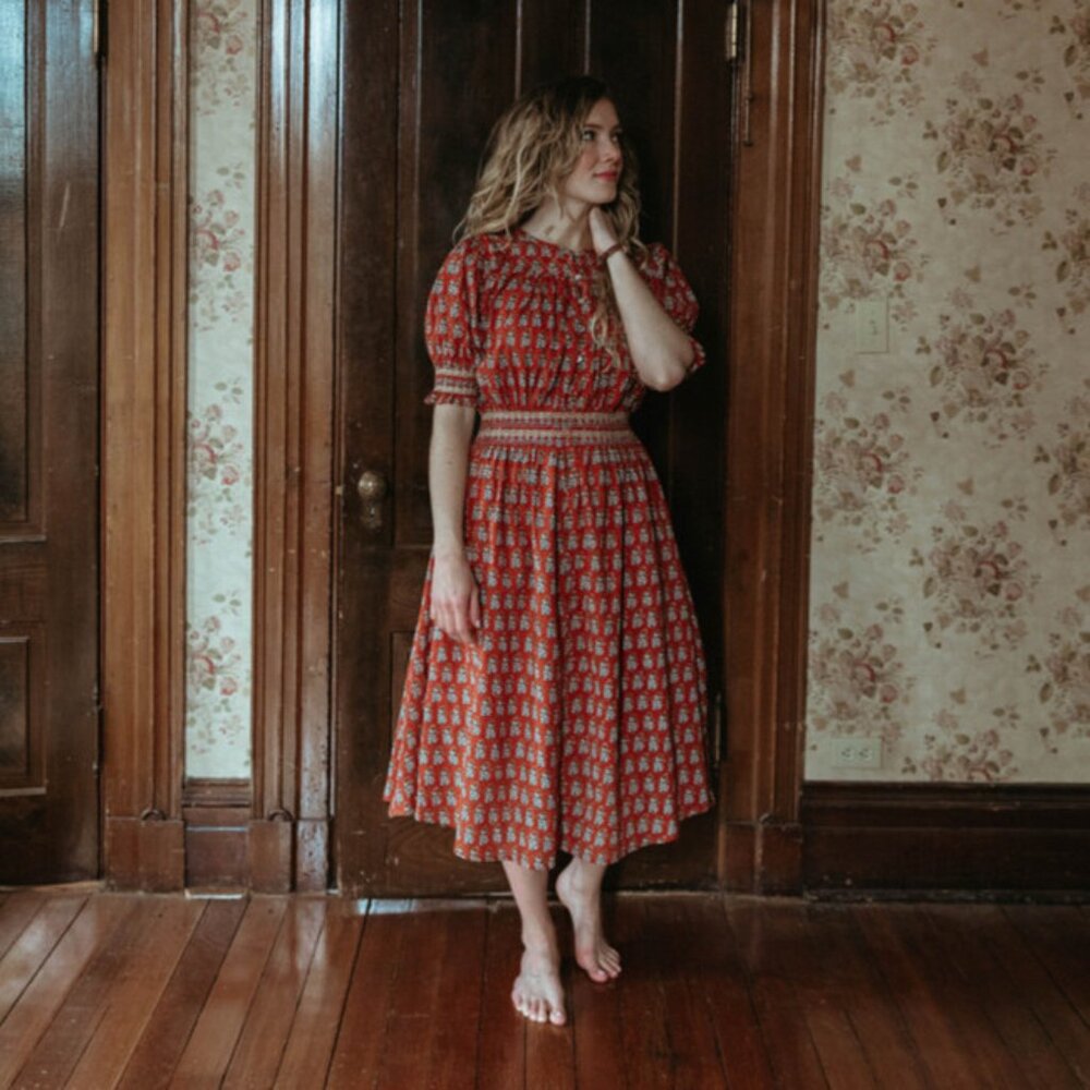 Red Printed Midi Dress with Smocked Waist